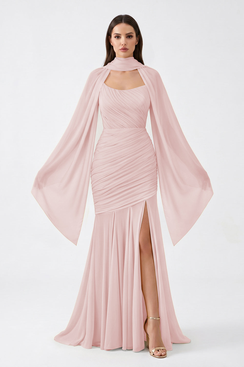 Yellow Cape Sleeve Ruched Chiffon Bridesmaid Dress | Slit Mermaid Formal Gown