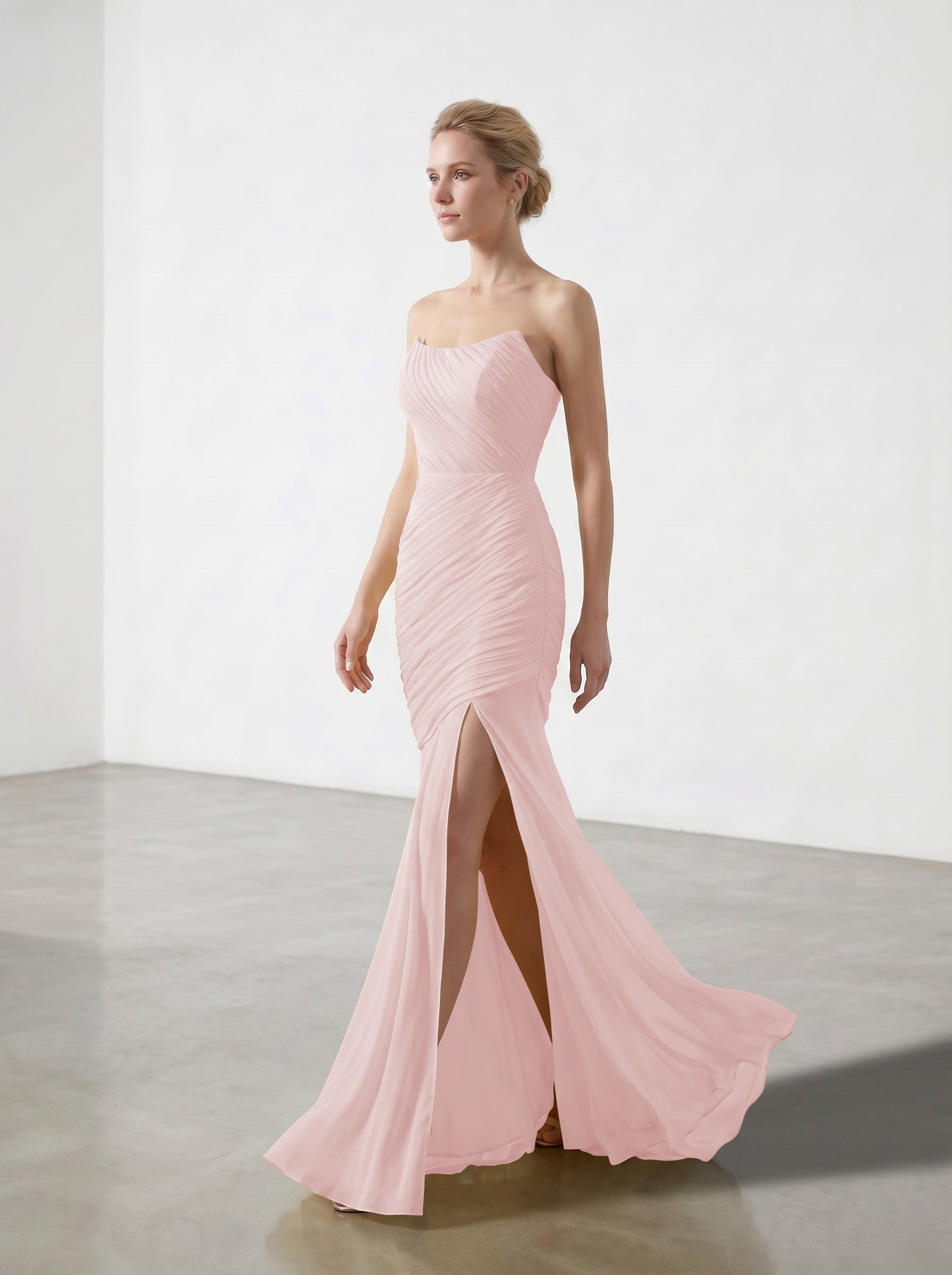 Yellow Strapless Ruched Chiffon Bridesmaid Dress | Slit Mermaid Formal Gown