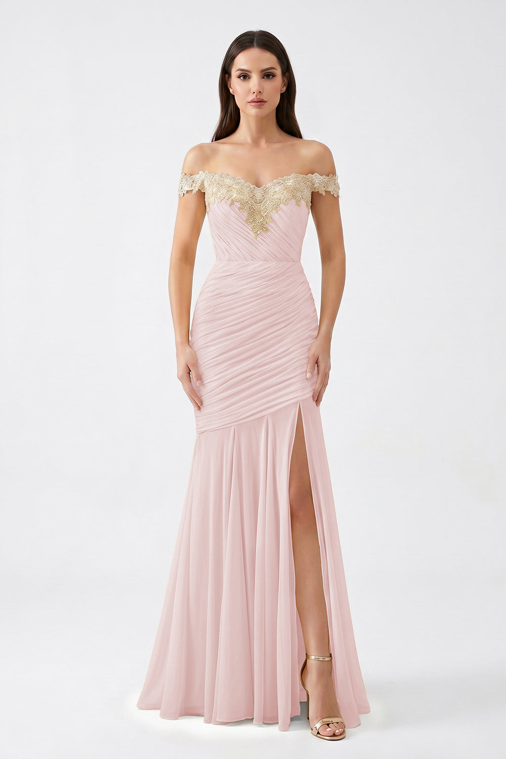 Yellow Off-Shoulder Lace Ruched Chiffon Bridesmaid Dress | Slit Mermaid Formal Gown