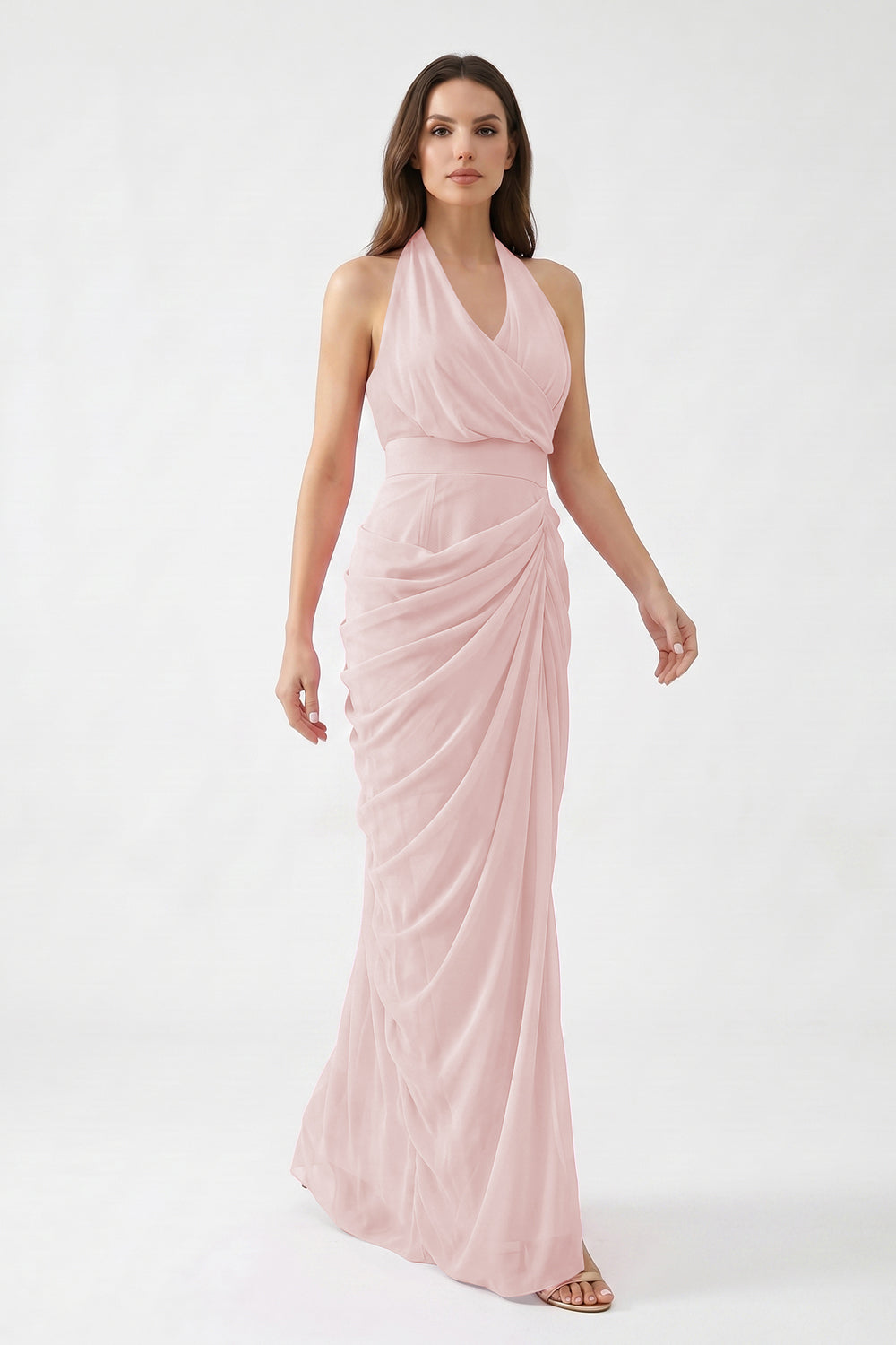 Pink Halter Neck Draped Chiffon Bridesmaid Dress | Formal Evening Gown