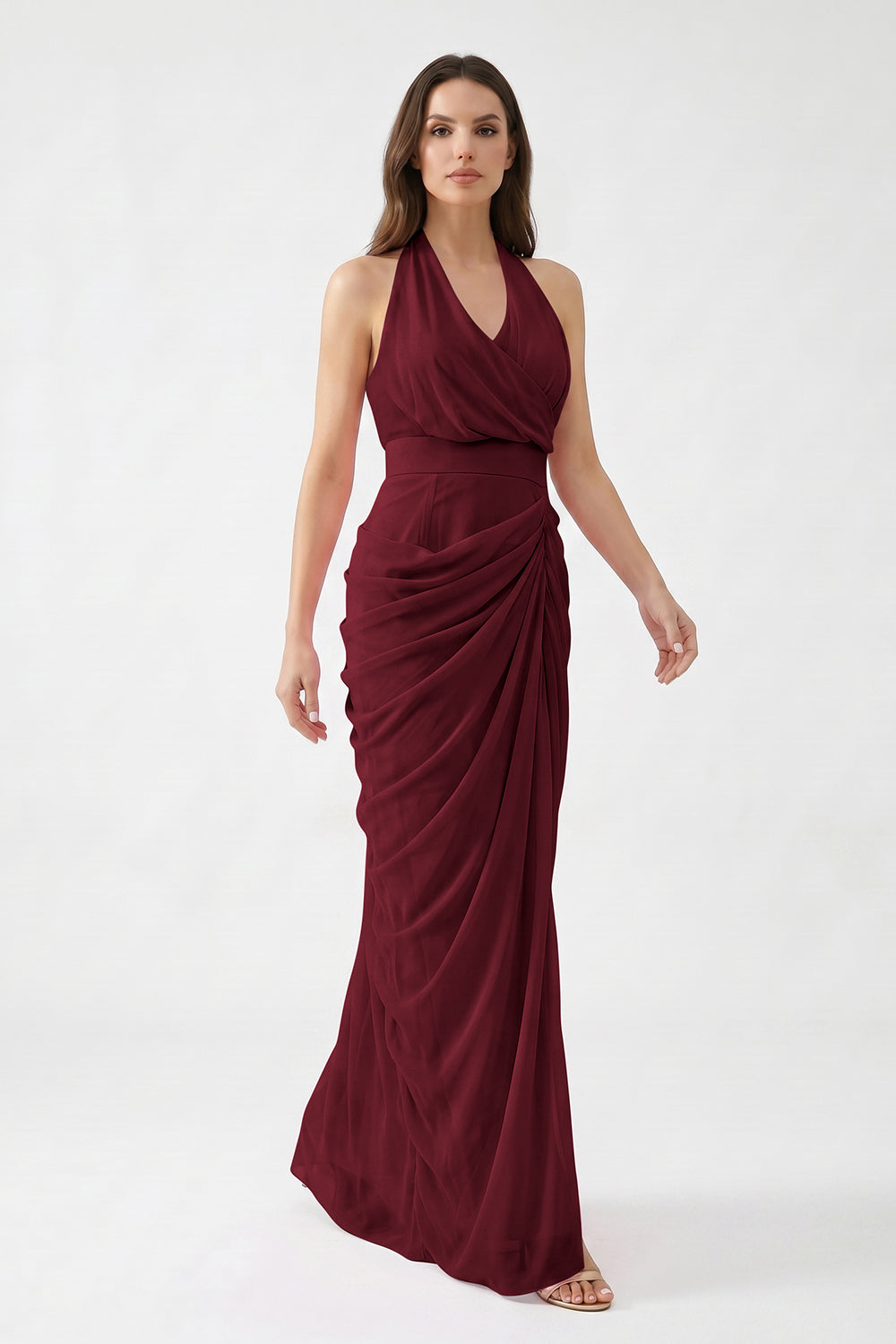 Pink Halter Neck Draped Chiffon Bridesmaid Dress | Formal Evening Gown