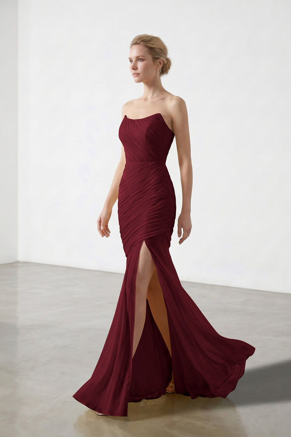 Yellow Strapless Ruched Chiffon Bridesmaid Dress | Slit Mermaid Formal Gown