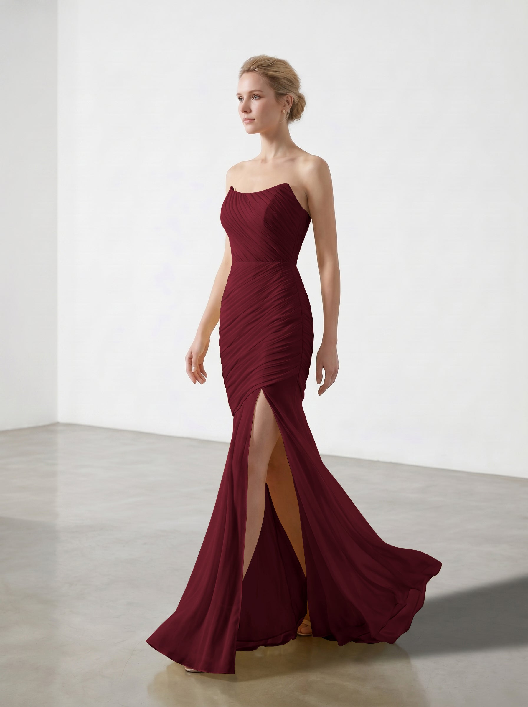 Yellow Strapless Ruched Chiffon Bridesmaid Dress | Slit Mermaid Formal Gown