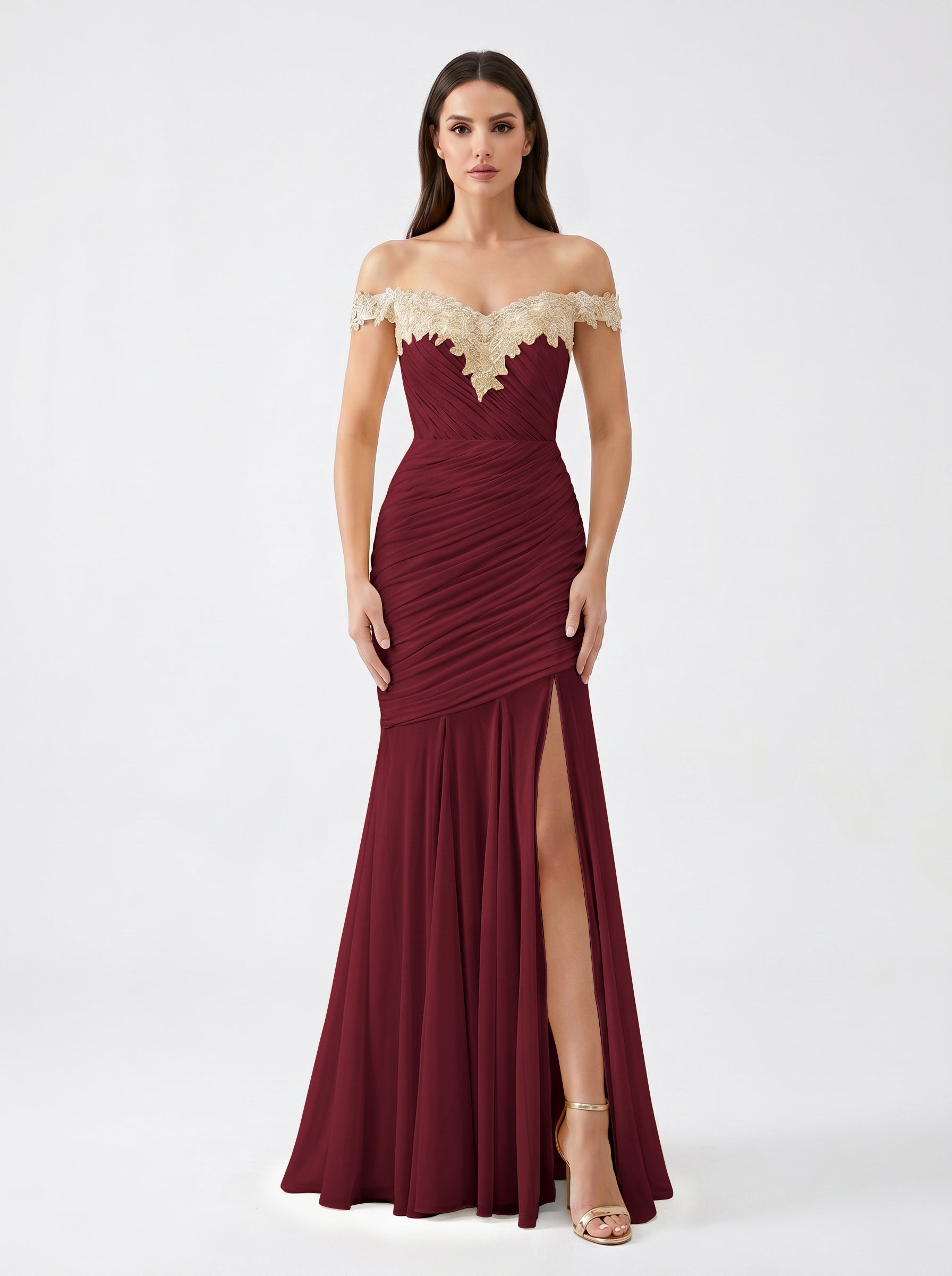 Yellow Off-Shoulder Lace Ruched Chiffon Bridesmaid Dress | Slit Mermaid Formal Gown