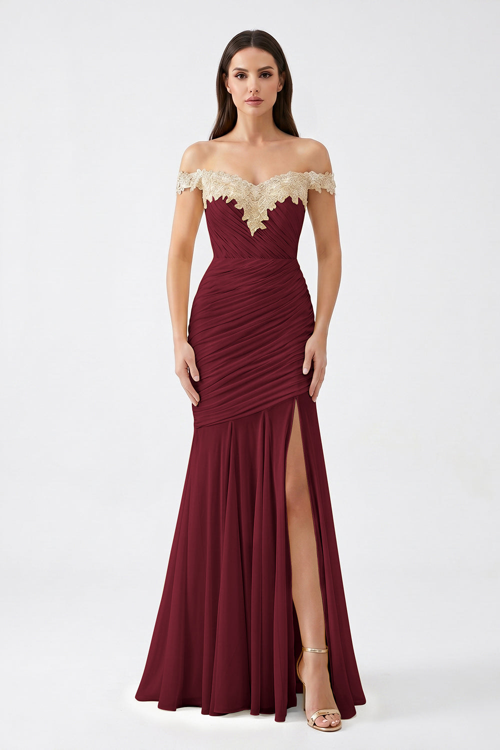 Yellow Off-Shoulder Lace Ruched Chiffon Bridesmaid Dress | Slit Mermaid Formal Gown