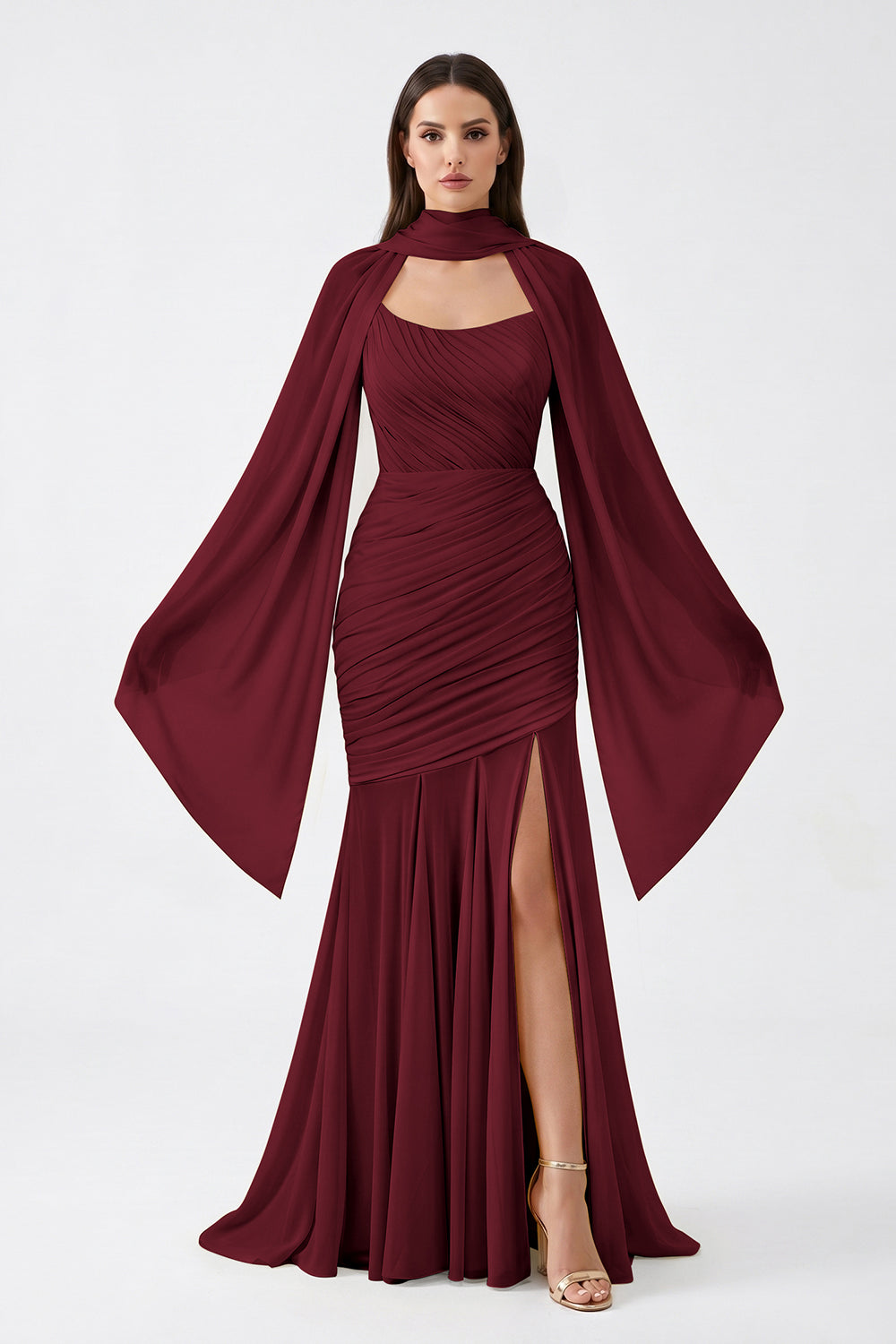 Yellow Cape Sleeve Ruched Chiffon Bridesmaid Dress | Slit Mermaid Formal Gown