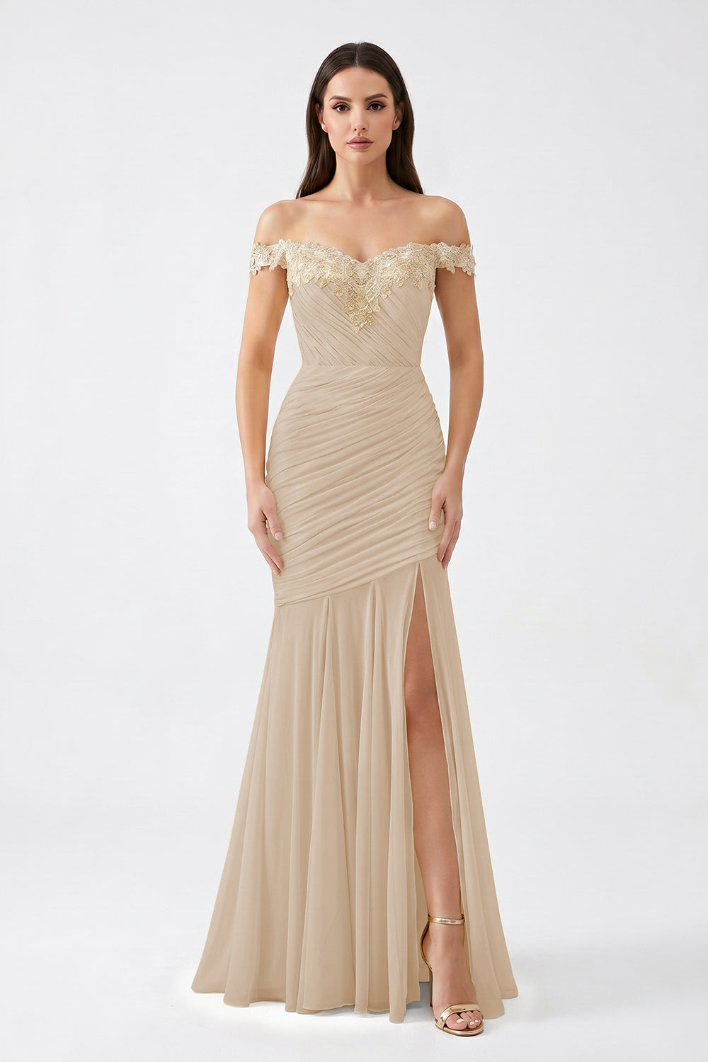 Yellow Off-Shoulder Lace Ruched Chiffon Bridesmaid Dress | Slit Mermaid Formal Gown