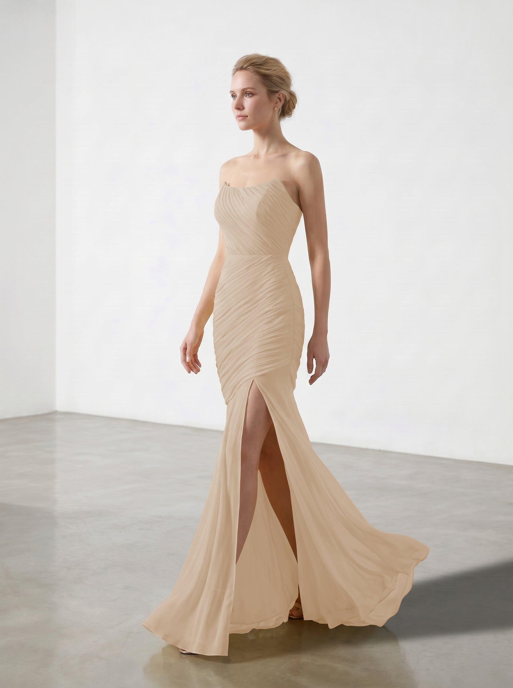 Yellow Strapless Ruched Chiffon Bridesmaid Dress | Slit Mermaid Formal Gown