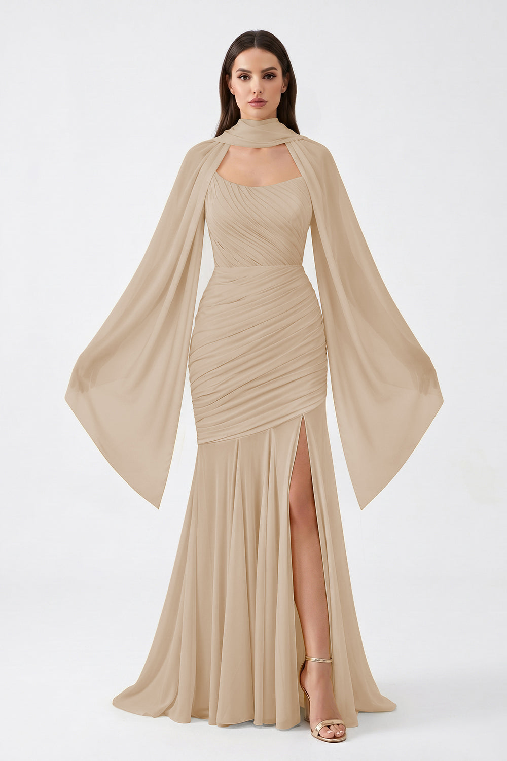 Yellow Cape Sleeve Ruched Chiffon Bridesmaid Dress | Slit Mermaid Formal Gown