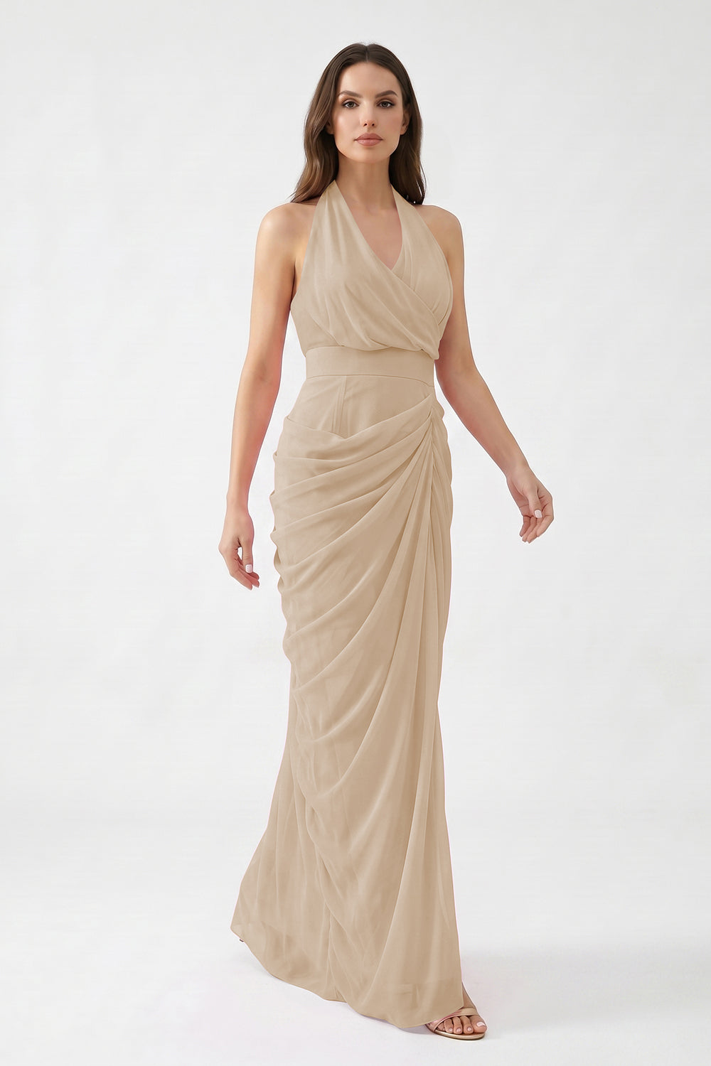 Pink Halter Neck Draped Chiffon Bridesmaid Dress | Formal Evening Gown