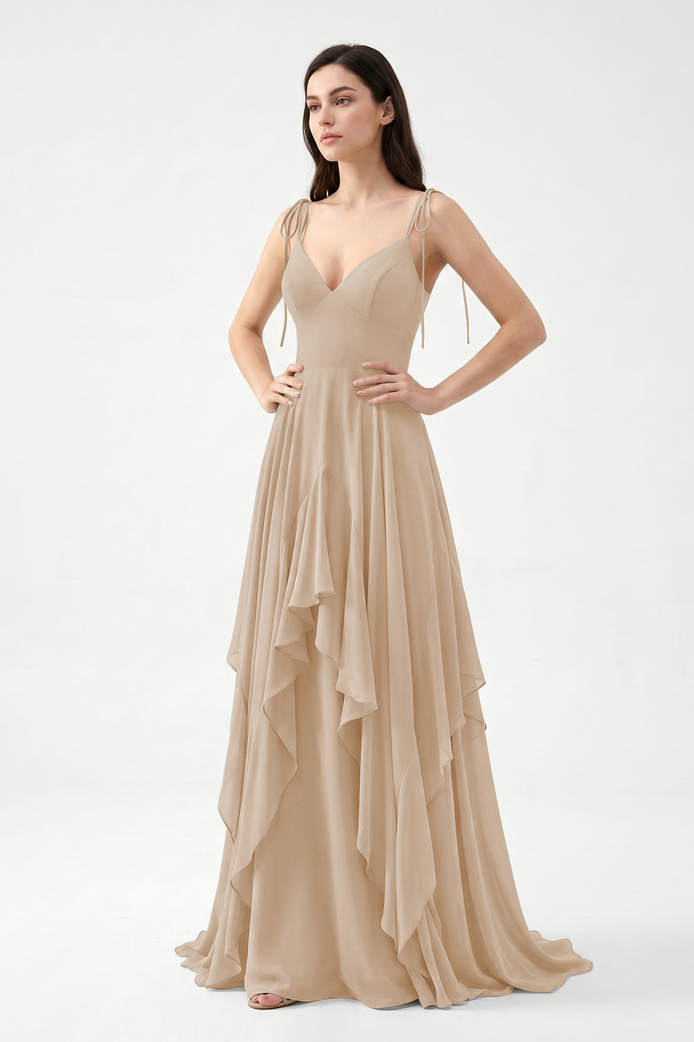 Sage Green Tie-Strap Ruffle Chiffon Bridesmaid Dress | Flowy Formal Gown