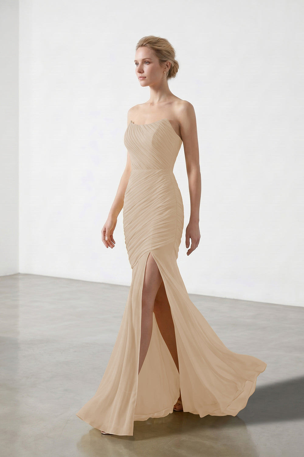 Yellow Strapless Ruched Chiffon Bridesmaid Dress | Slit Mermaid Formal Gown