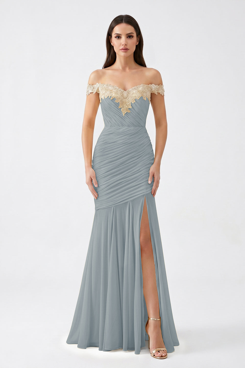 Yellow Off-Shoulder Lace Ruched Chiffon Bridesmaid Dress | Slit Mermaid Formal Gown
