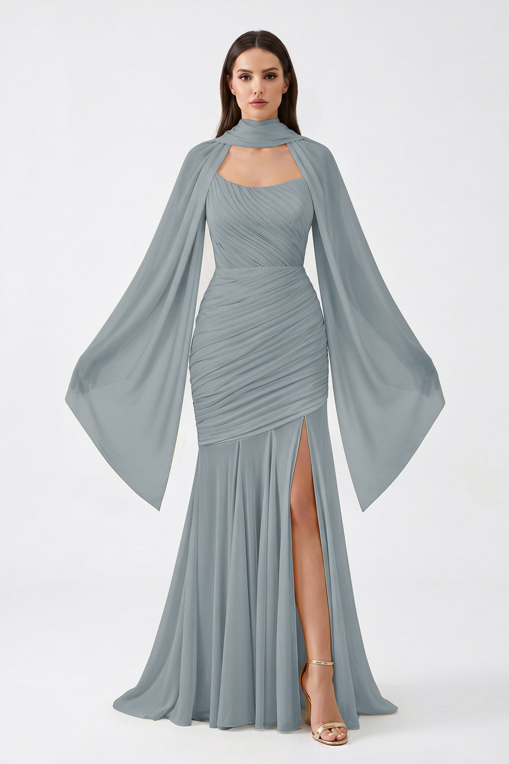 Yellow Cape Sleeve Ruched Chiffon Bridesmaid Dress | Slit Mermaid Formal Gown