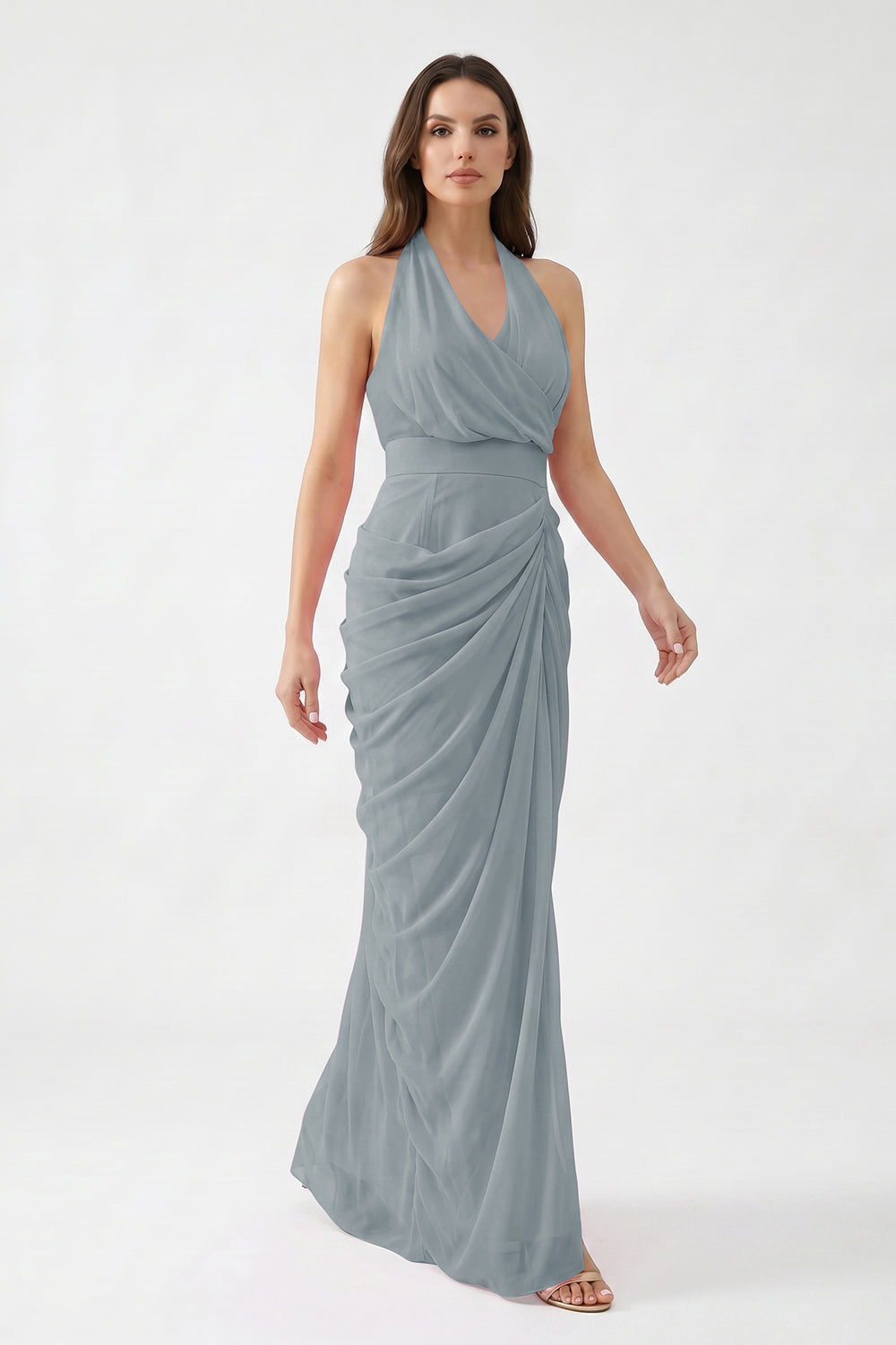 Pink Halter Neck Draped Chiffon Bridesmaid Dress | Formal Evening Gown