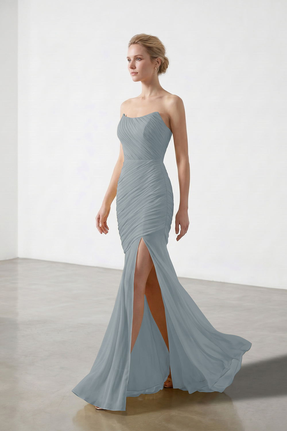 Yellow Strapless Ruched Chiffon Bridesmaid Dress | Slit Mermaid Formal Gown