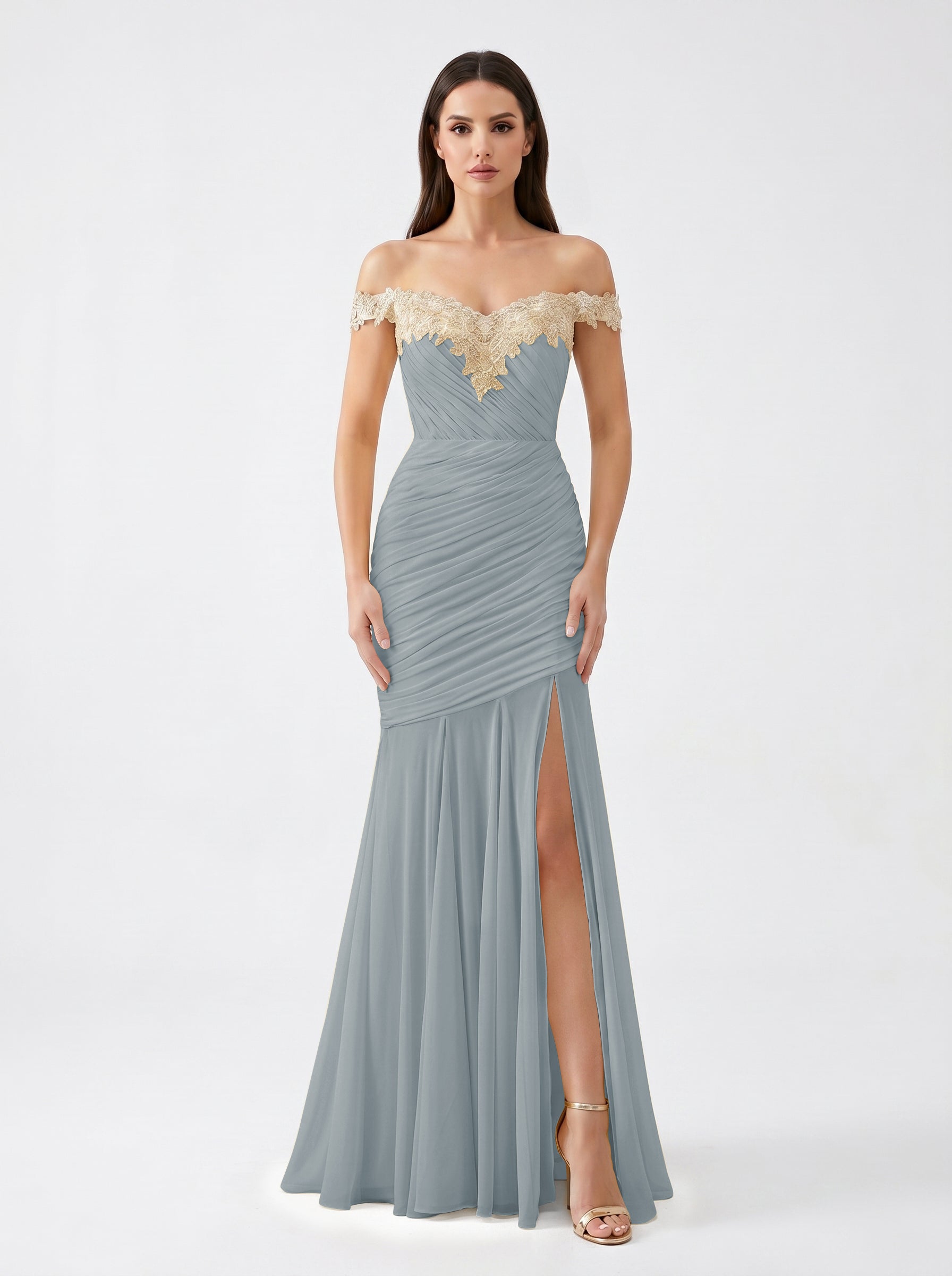 Yellow Off-Shoulder Lace Ruched Chiffon Bridesmaid Dress | Slit Mermaid Formal Gown