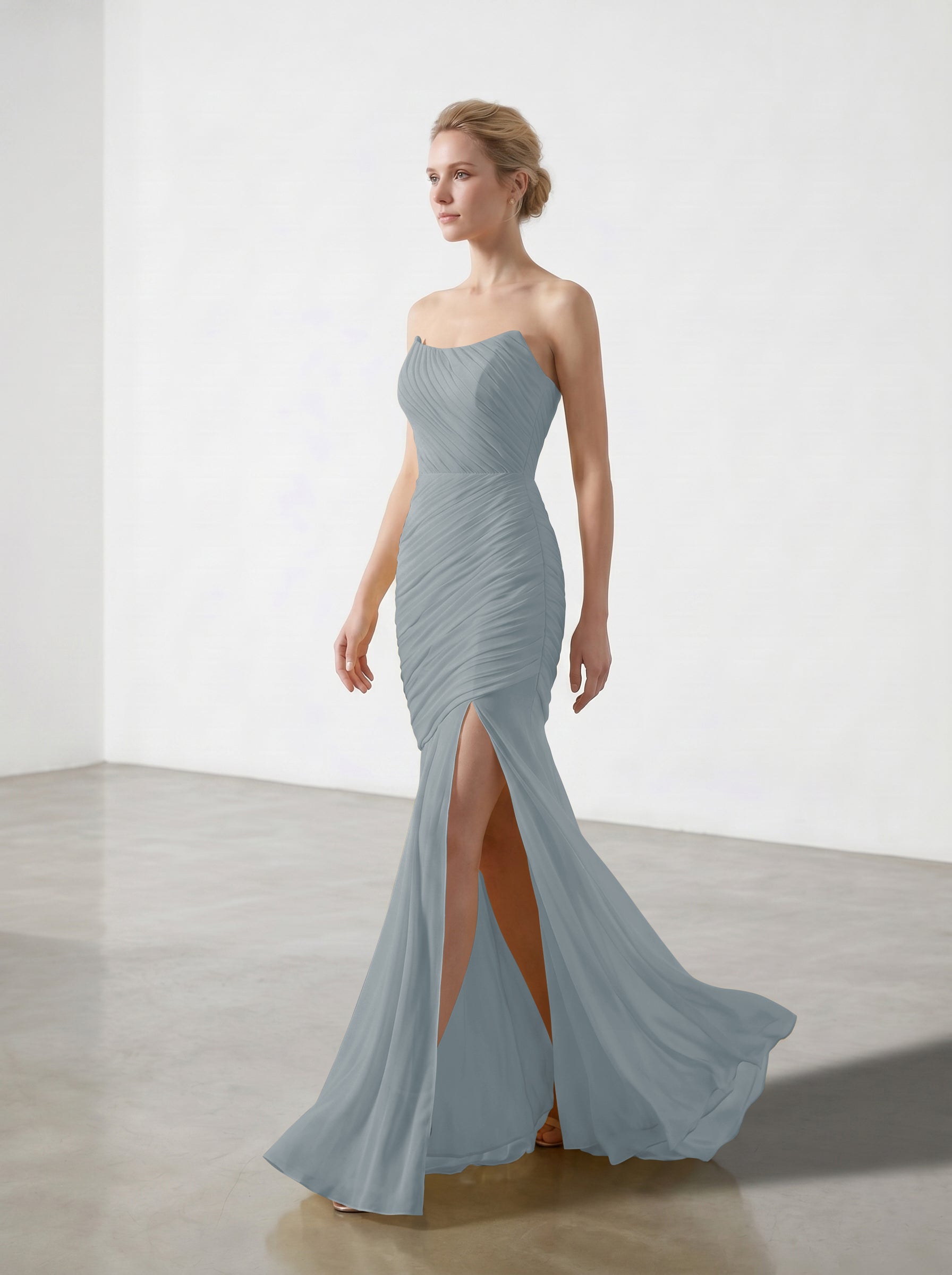 Yellow Strapless Ruched Chiffon Bridesmaid Dress | Slit Mermaid Formal Gown