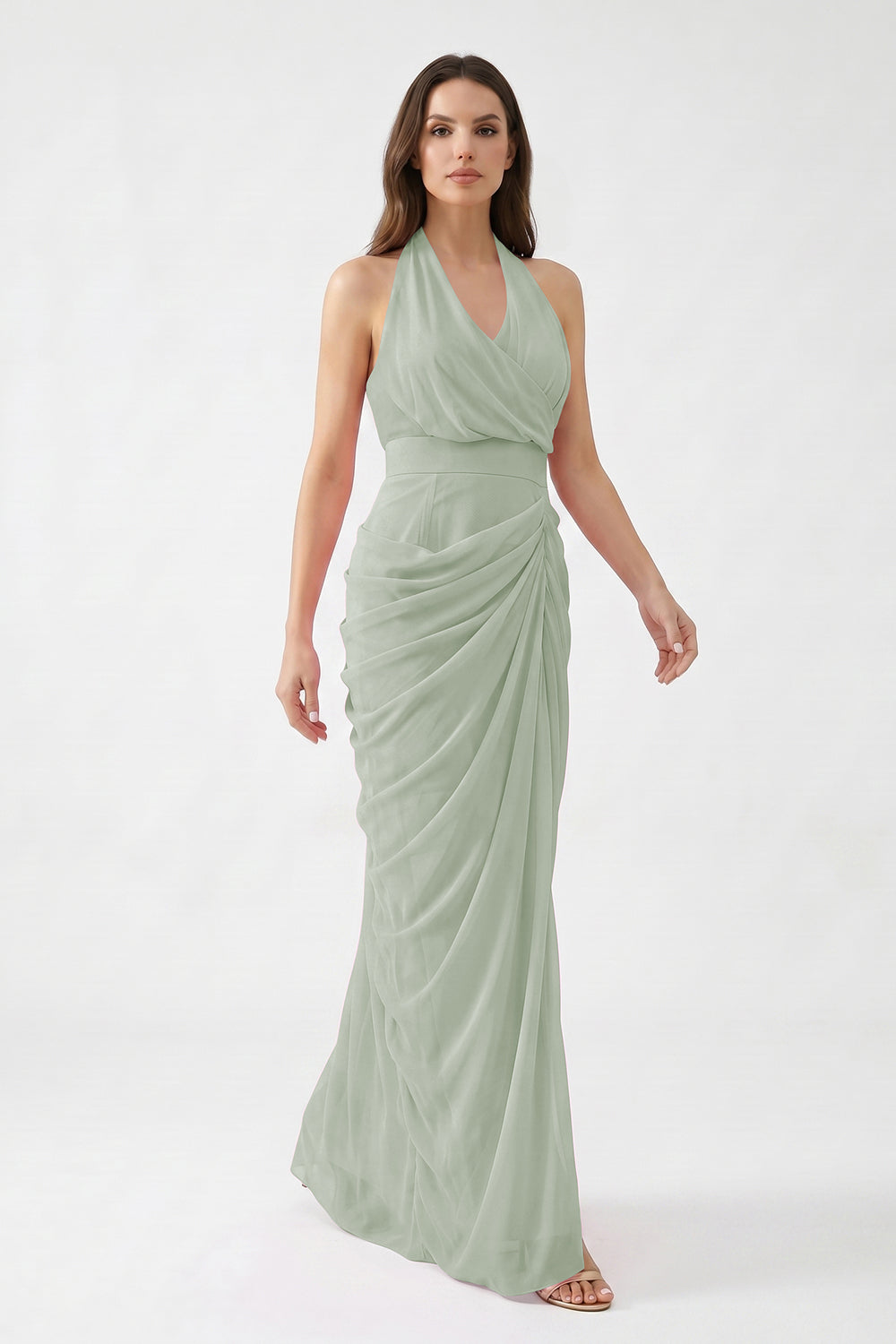 Pink Halter Neck Draped Chiffon Bridesmaid Dress | Formal Evening Gown