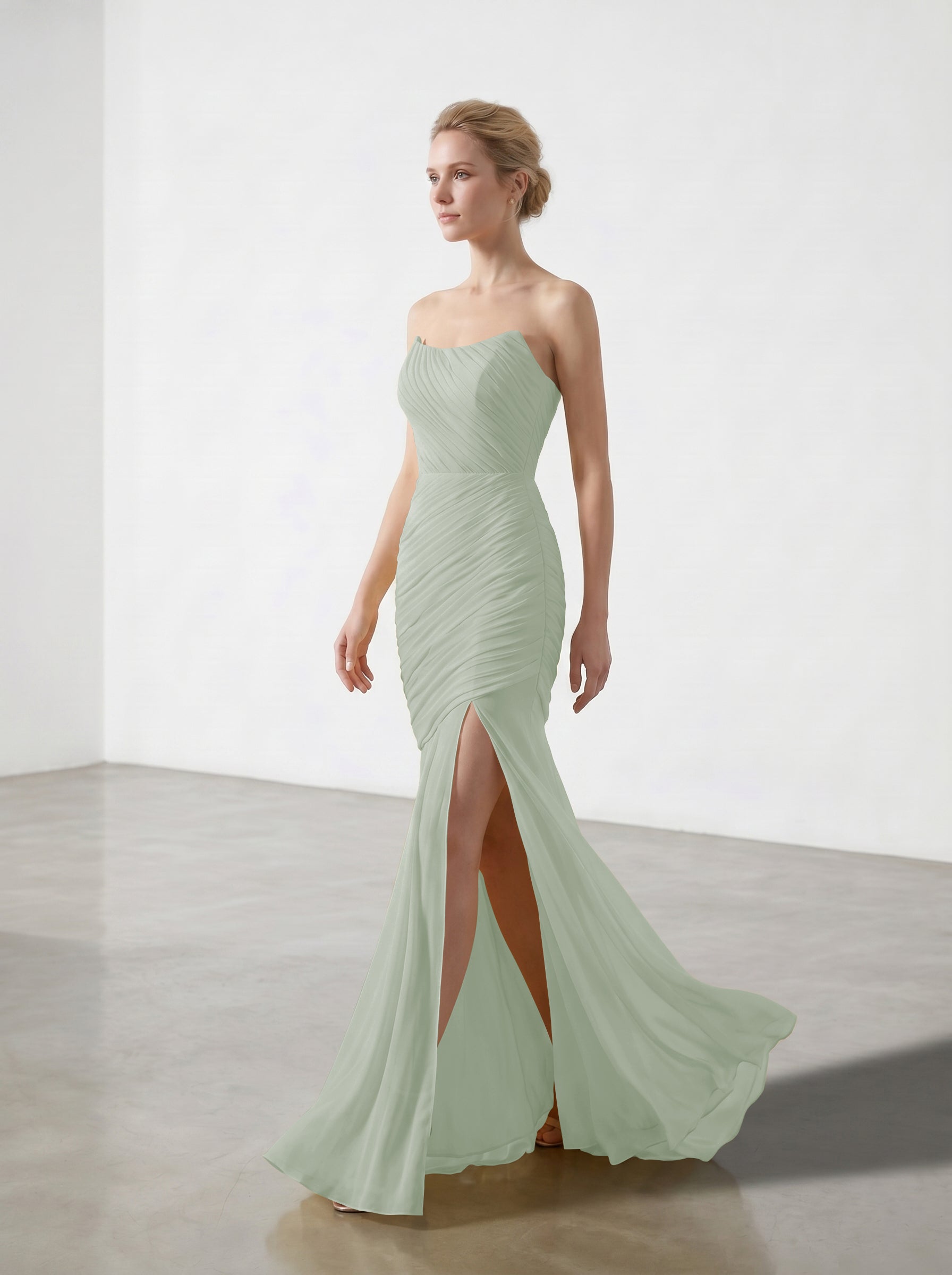 Yellow Strapless Ruched Chiffon Bridesmaid Dress | Slit Mermaid Formal Gown