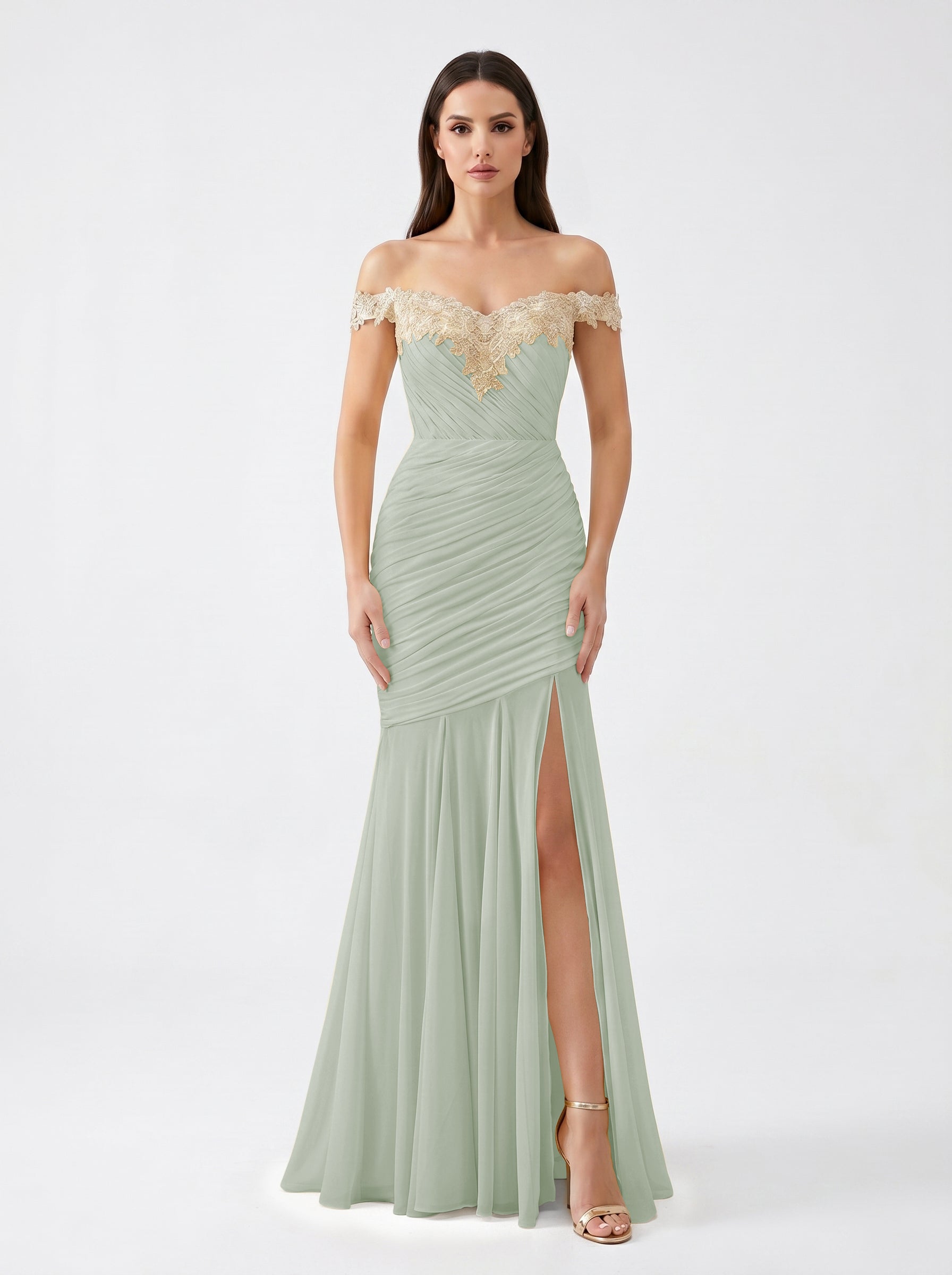 Yellow Off-Shoulder Lace Ruched Chiffon Bridesmaid Dress | Slit Mermaid Formal Gown