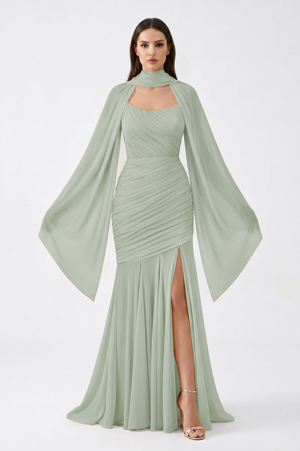 Yellow Cape Sleeve Ruched Chiffon Bridesmaid Dress | Slit Mermaid Formal Gown
