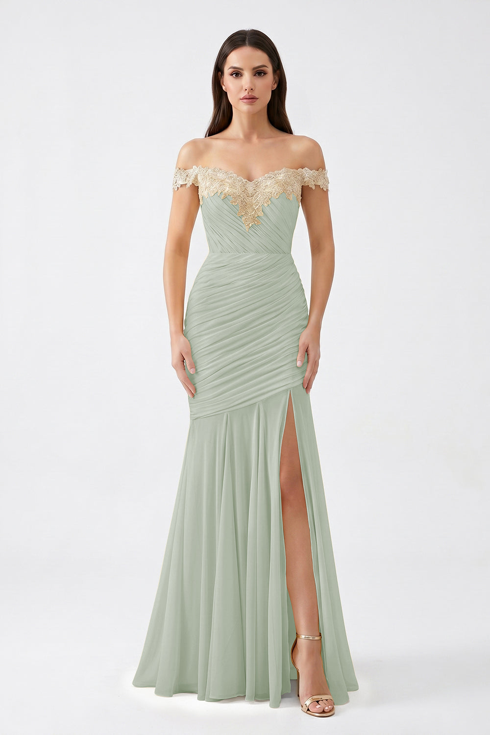 Yellow Off-Shoulder Lace Ruched Chiffon Bridesmaid Dress | Slit Mermaid Formal Gown