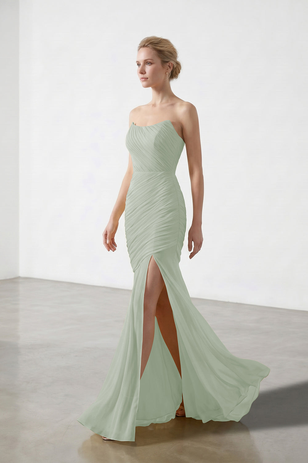 Yellow Strapless Ruched Chiffon Bridesmaid Dress | Slit Mermaid Formal Gown