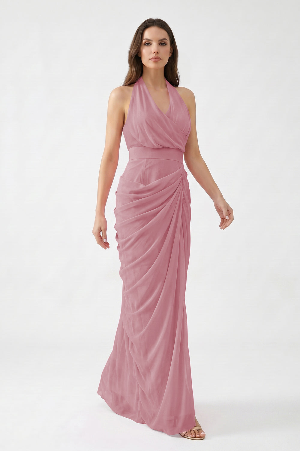 Pink Halter Neck Draped Chiffon Bridesmaid Dress | Formal Evening Gown