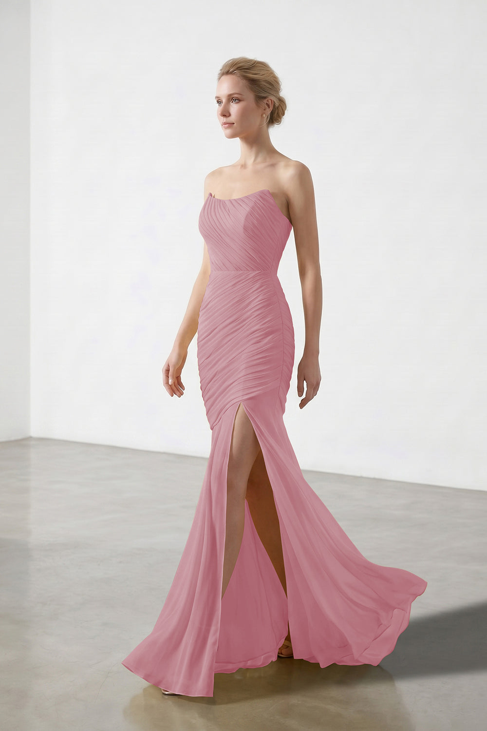 Yellow Strapless Ruched Chiffon Bridesmaid Dress | Slit Mermaid Formal Gown