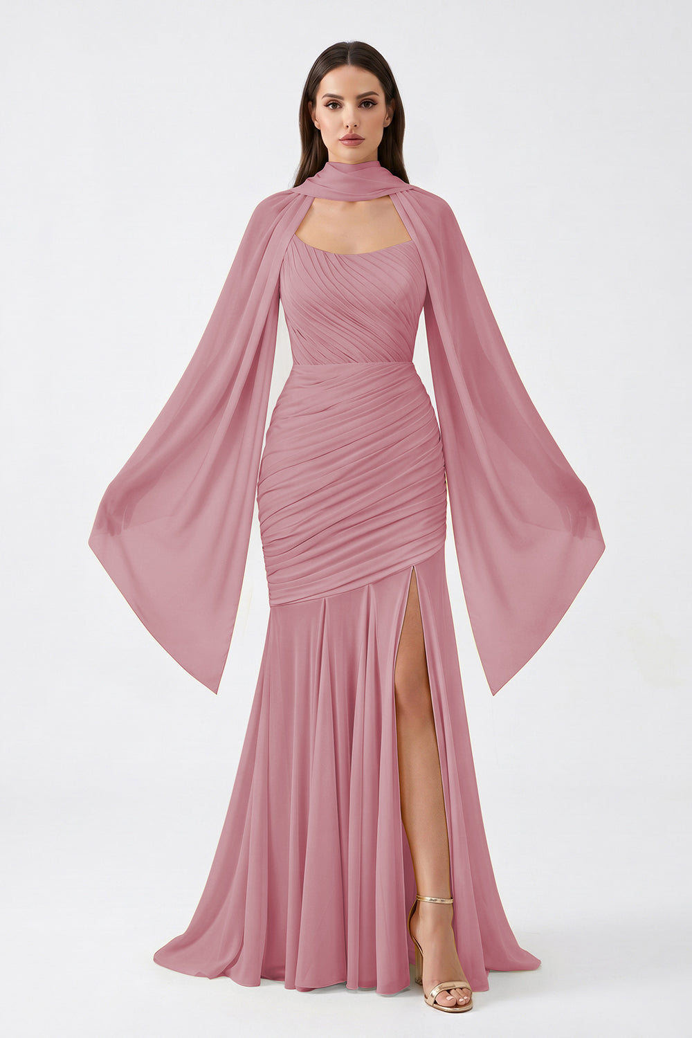 Yellow Cape Sleeve Ruched Chiffon Bridesmaid Dress | Slit Mermaid Formal Gown