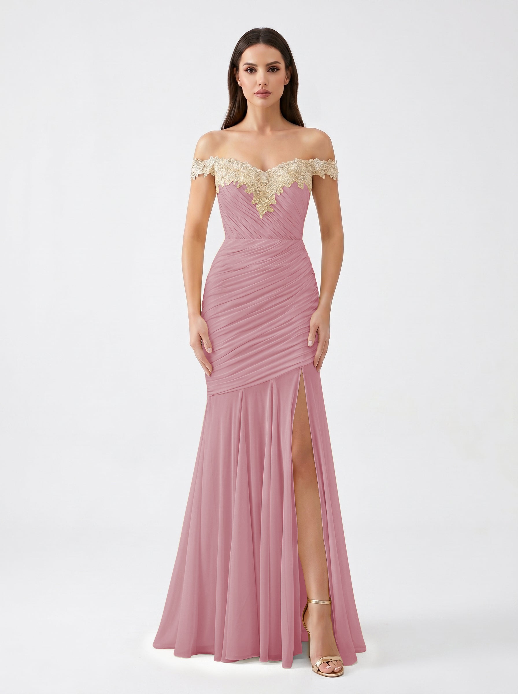 Yellow Off-Shoulder Lace Ruched Chiffon Bridesmaid Dress | Slit Mermaid Formal Gown