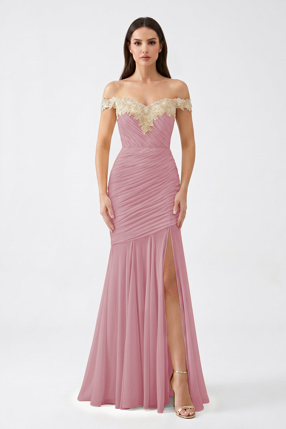 Yellow Off-Shoulder Lace Ruched Chiffon Bridesmaid Dress | Slit Mermaid Formal Gown