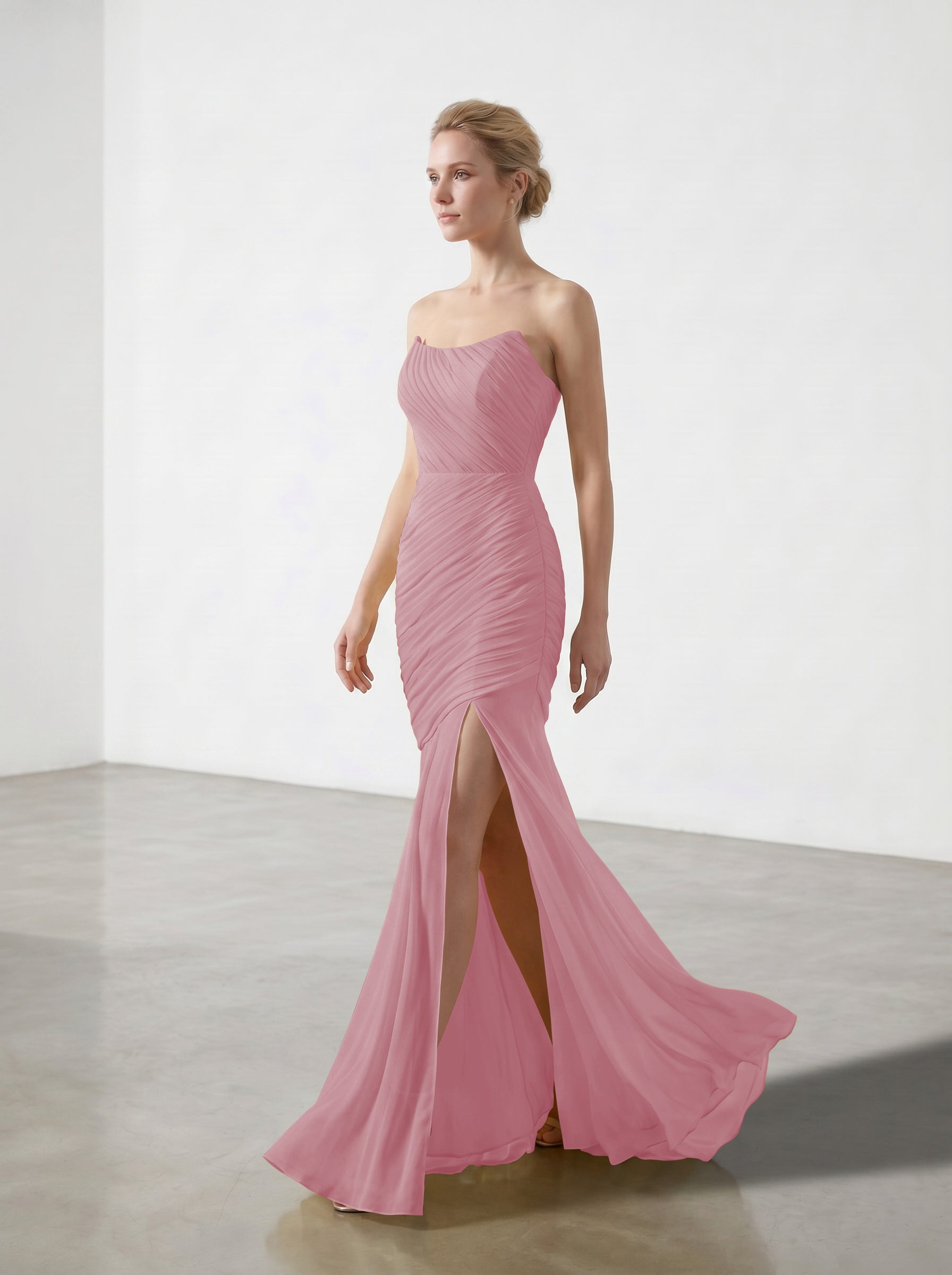 Yellow Strapless Ruched Chiffon Bridesmaid Dress | Slit Mermaid Formal Gown