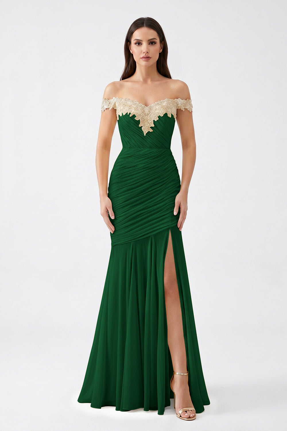 Yellow Off-Shoulder Lace Ruched Chiffon Bridesmaid Dress | Slit Mermaid Formal Gown