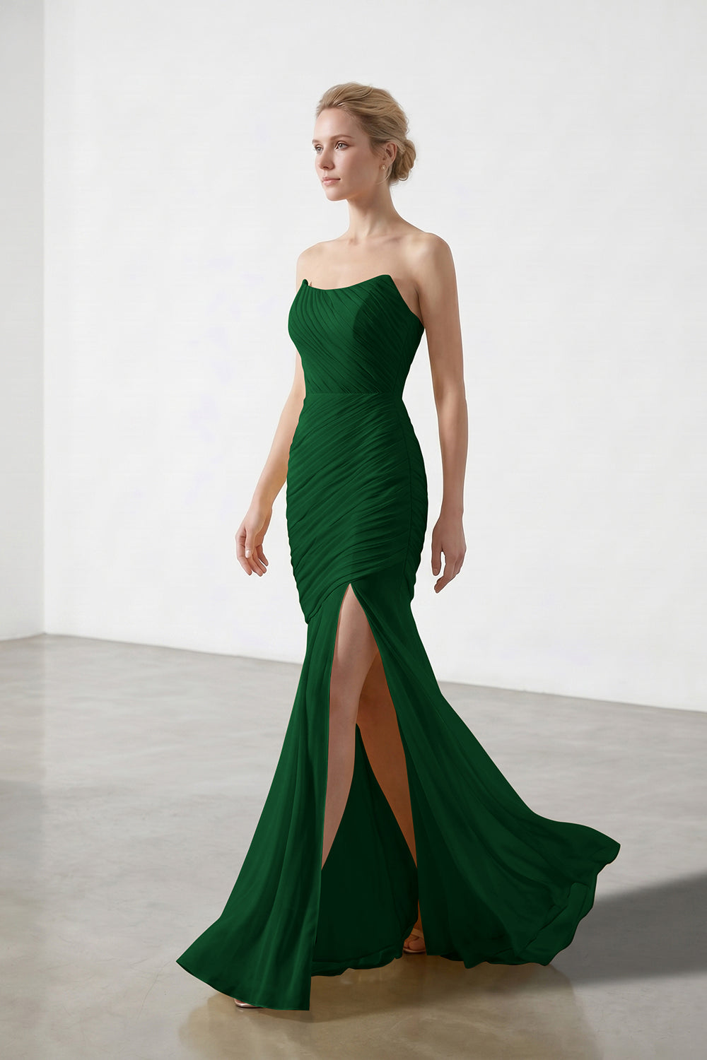 Yellow Strapless Ruched Chiffon Bridesmaid Dress | Slit Mermaid Formal Gown