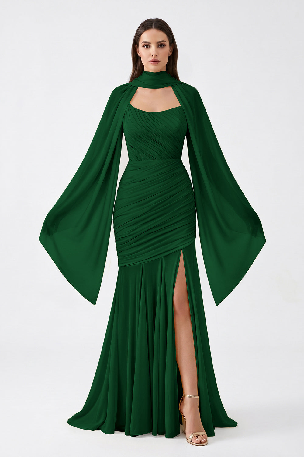 Yellow Cape Sleeve Ruched Chiffon Bridesmaid Dress | Slit Mermaid Formal Gown
