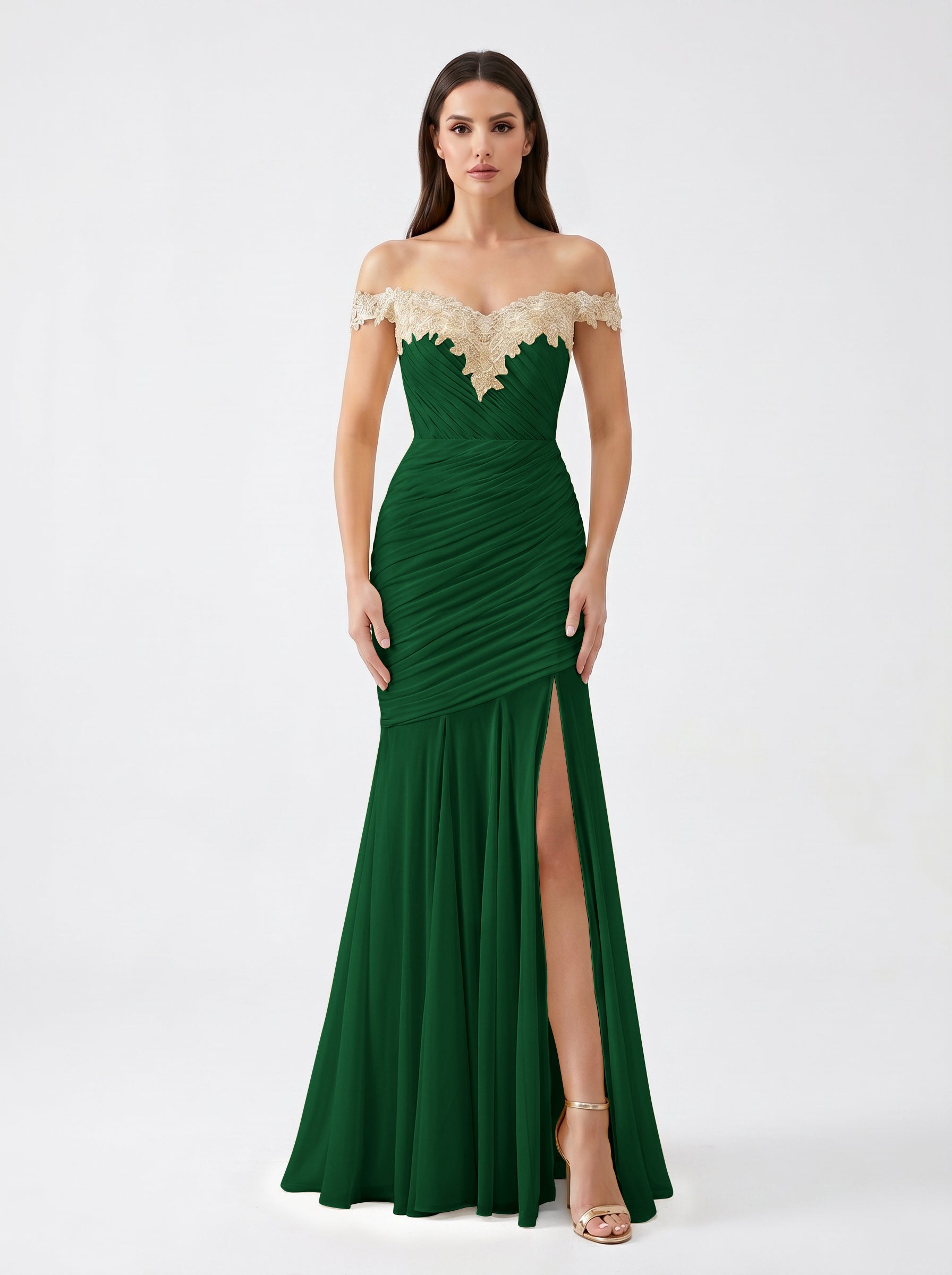 Yellow Off-Shoulder Lace Ruched Chiffon Bridesmaid Dress | Slit Mermaid Formal Gown