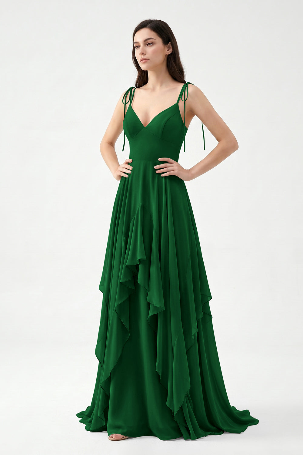 Sage Green Tie-Strap Ruffle Chiffon Bridesmaid Dress | Flowy Formal Gown
