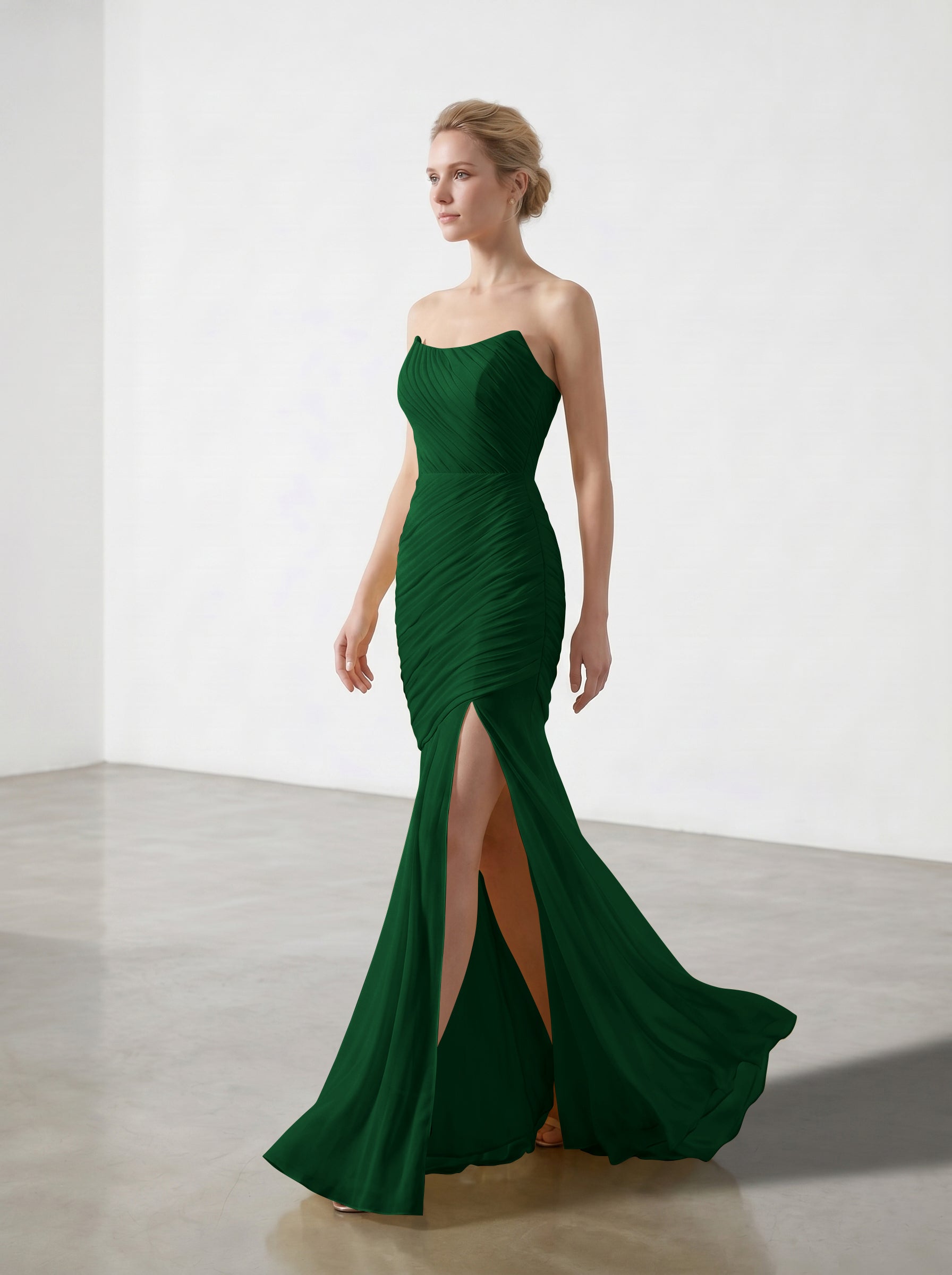Yellow Strapless Ruched Chiffon Bridesmaid Dress | Slit Mermaid Formal Gown