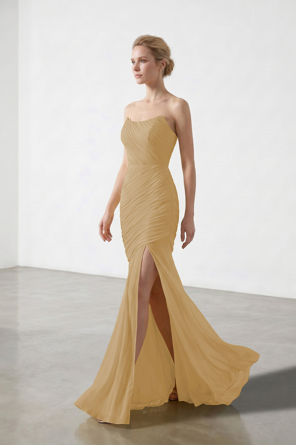 Yellow Strapless Ruched Chiffon Bridesmaid Dress | Slit Mermaid Formal Gown