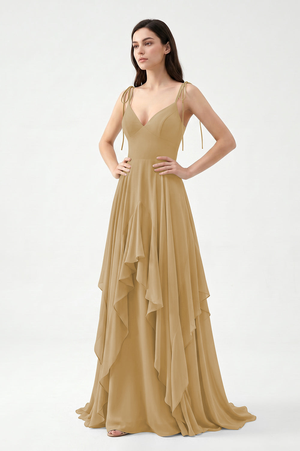 Sage Green Tie-Strap Ruffle Chiffon Bridesmaid Dress | Flowy Formal Gown
