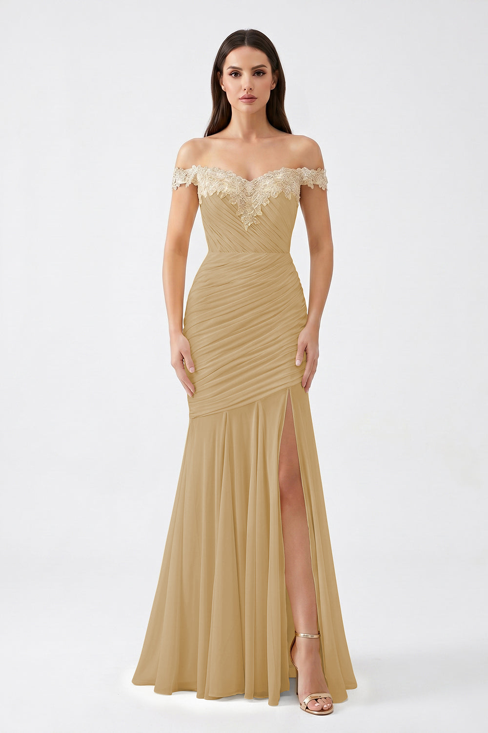 Yellow Off-Shoulder Lace Ruched Chiffon Bridesmaid Dress | Slit Mermaid Formal Gown
