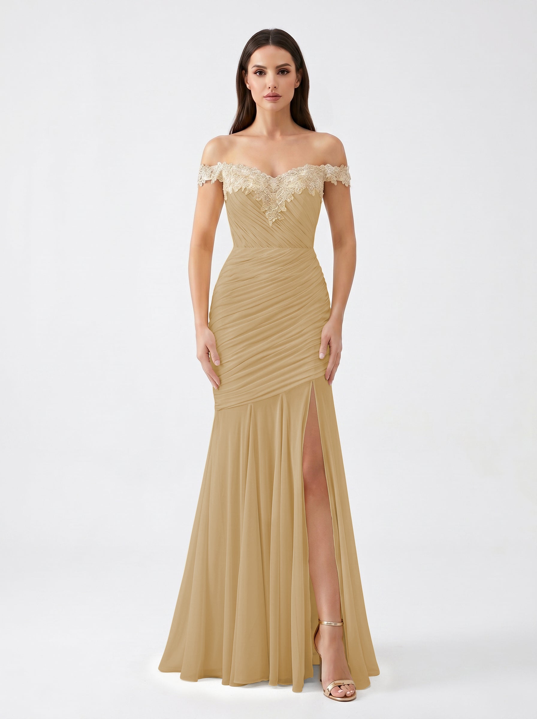 Yellow Off-Shoulder Lace Ruched Chiffon Bridesmaid Dress | Slit Mermaid Formal Gown