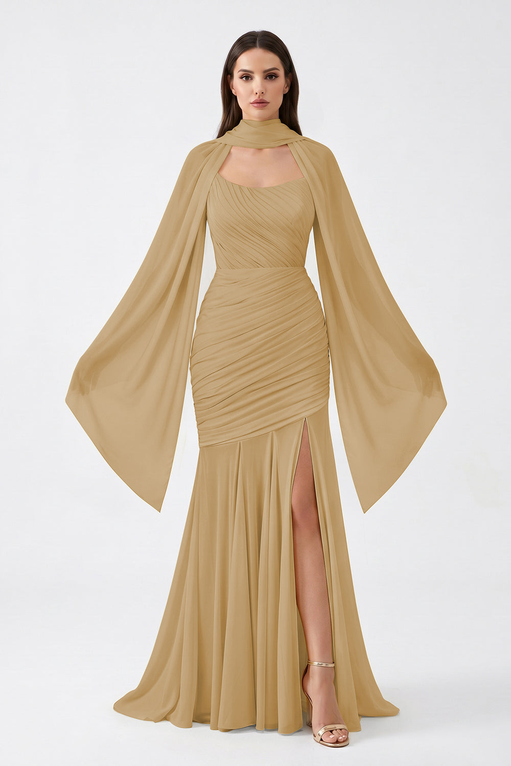 Yellow Cape Sleeve Ruched Chiffon Bridesmaid Dress | Slit Mermaid Formal Gown
