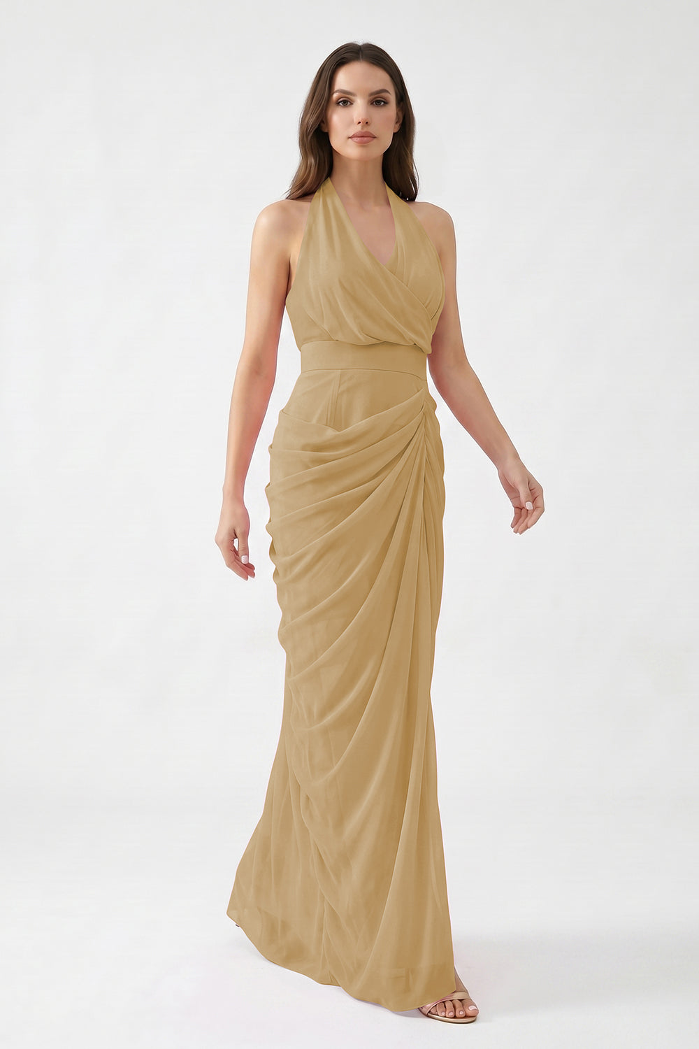 Pink Halter Neck Draped Chiffon Bridesmaid Dress | Formal Evening Gown