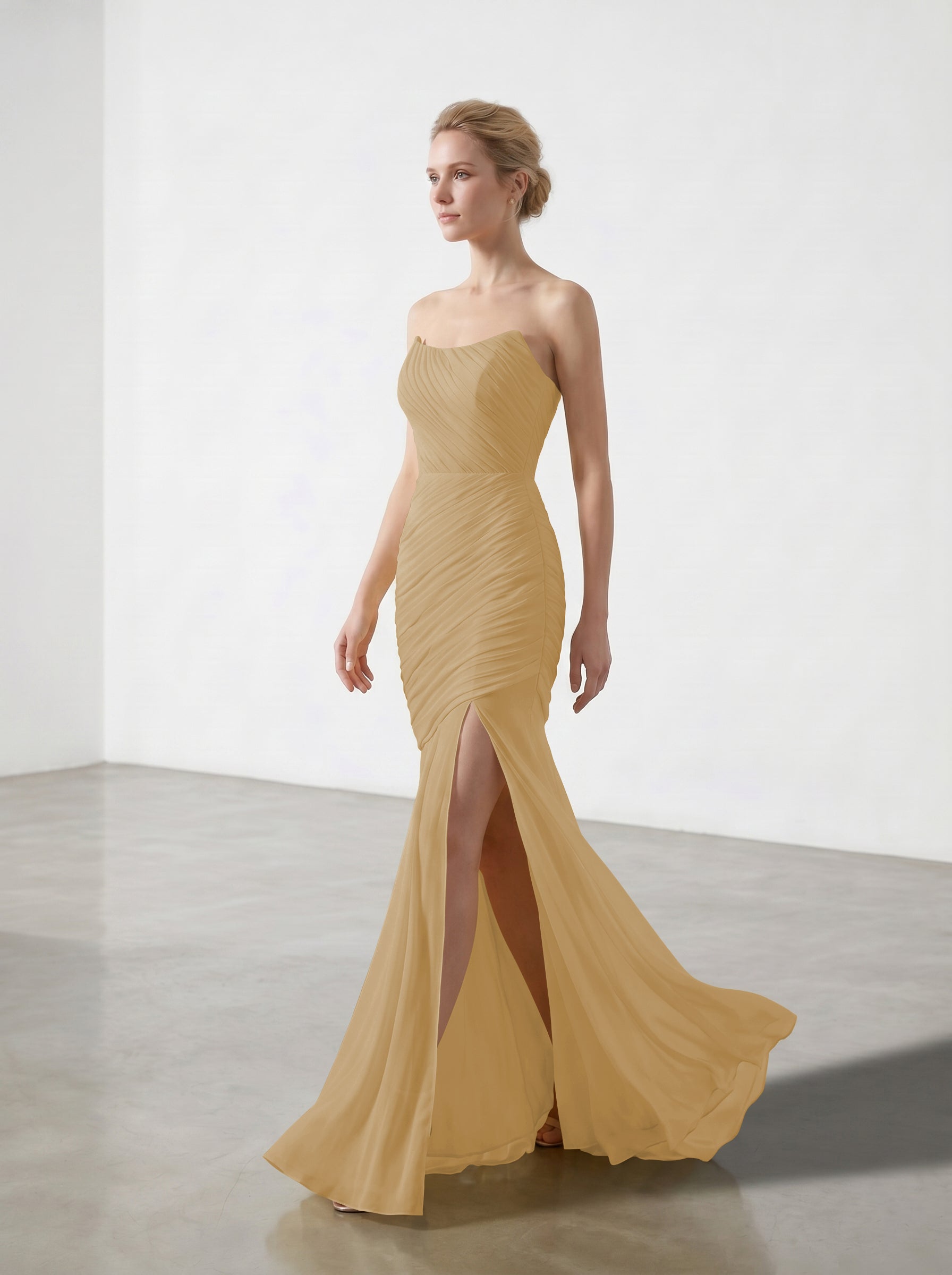 Yellow Strapless Ruched Chiffon Bridesmaid Dress | Slit Mermaid Formal Gown