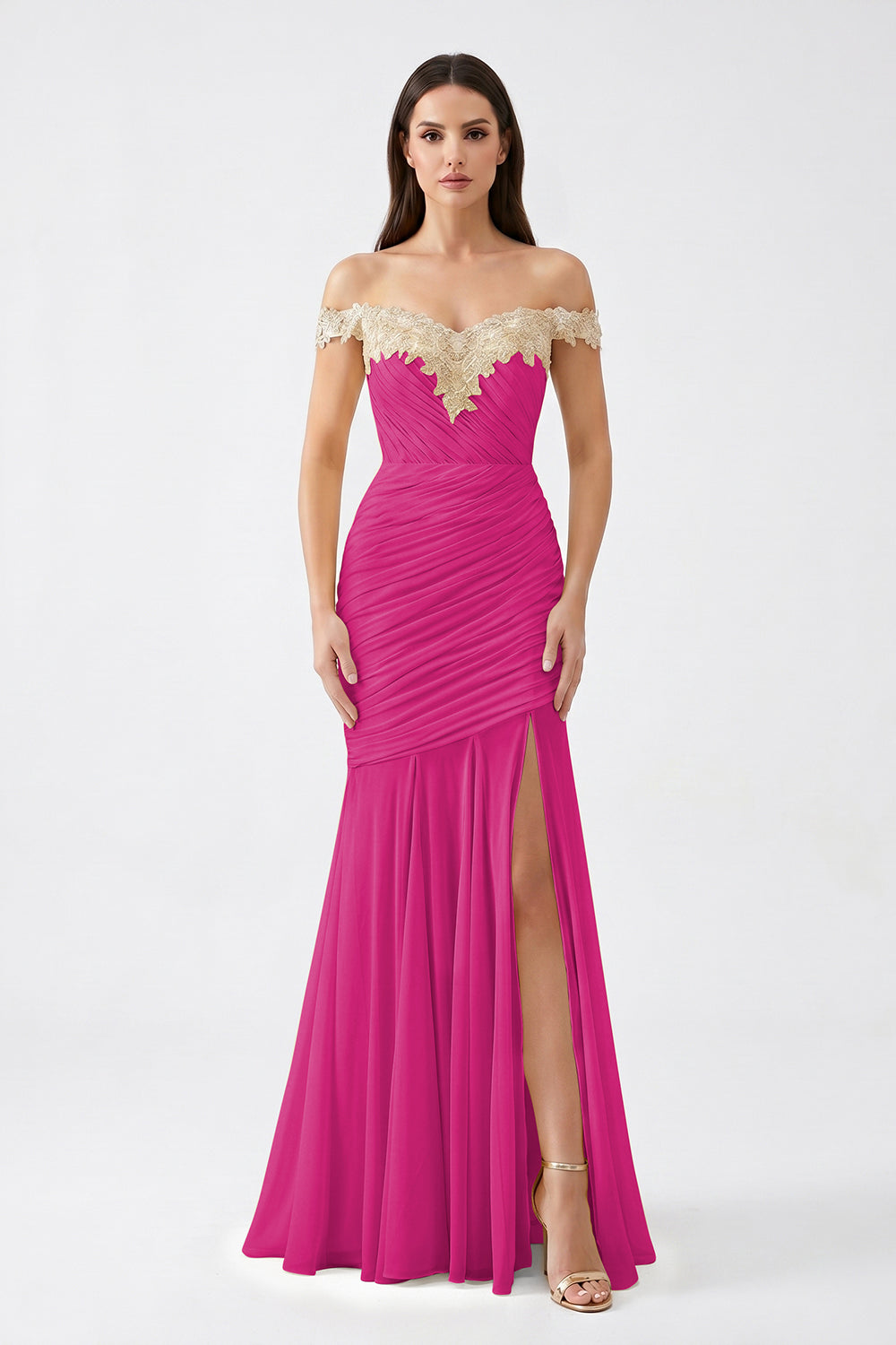 Yellow Off-Shoulder Lace Ruched Chiffon Bridesmaid Dress | Slit Mermaid Formal Gown