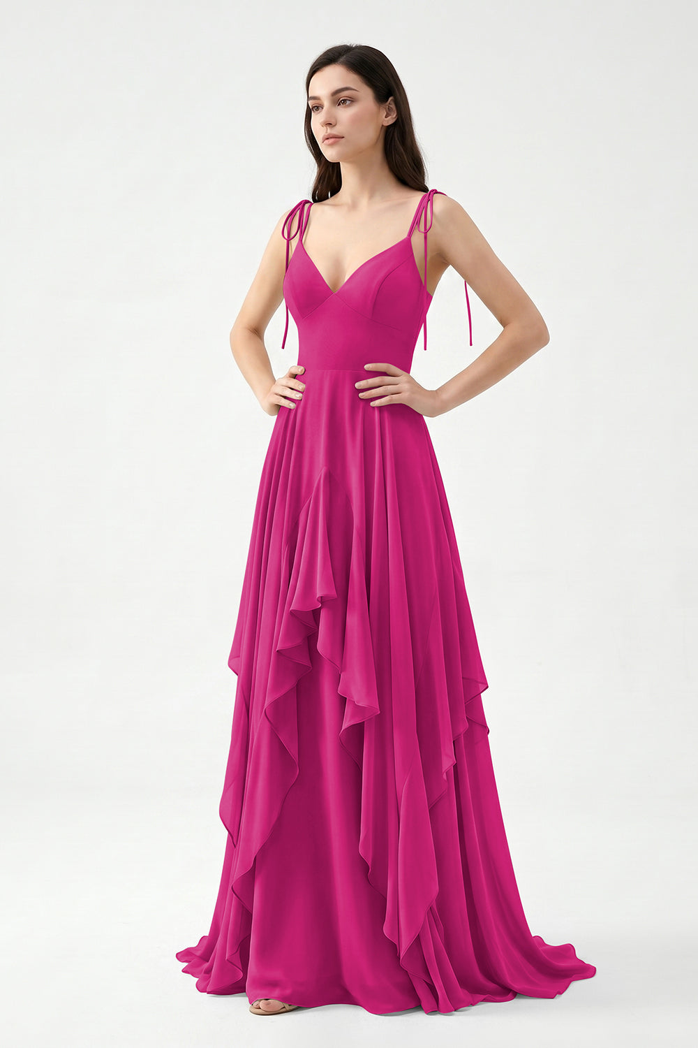 Sage Green Tie-Strap Ruffle Chiffon Bridesmaid Dress | Flowy Formal Gown