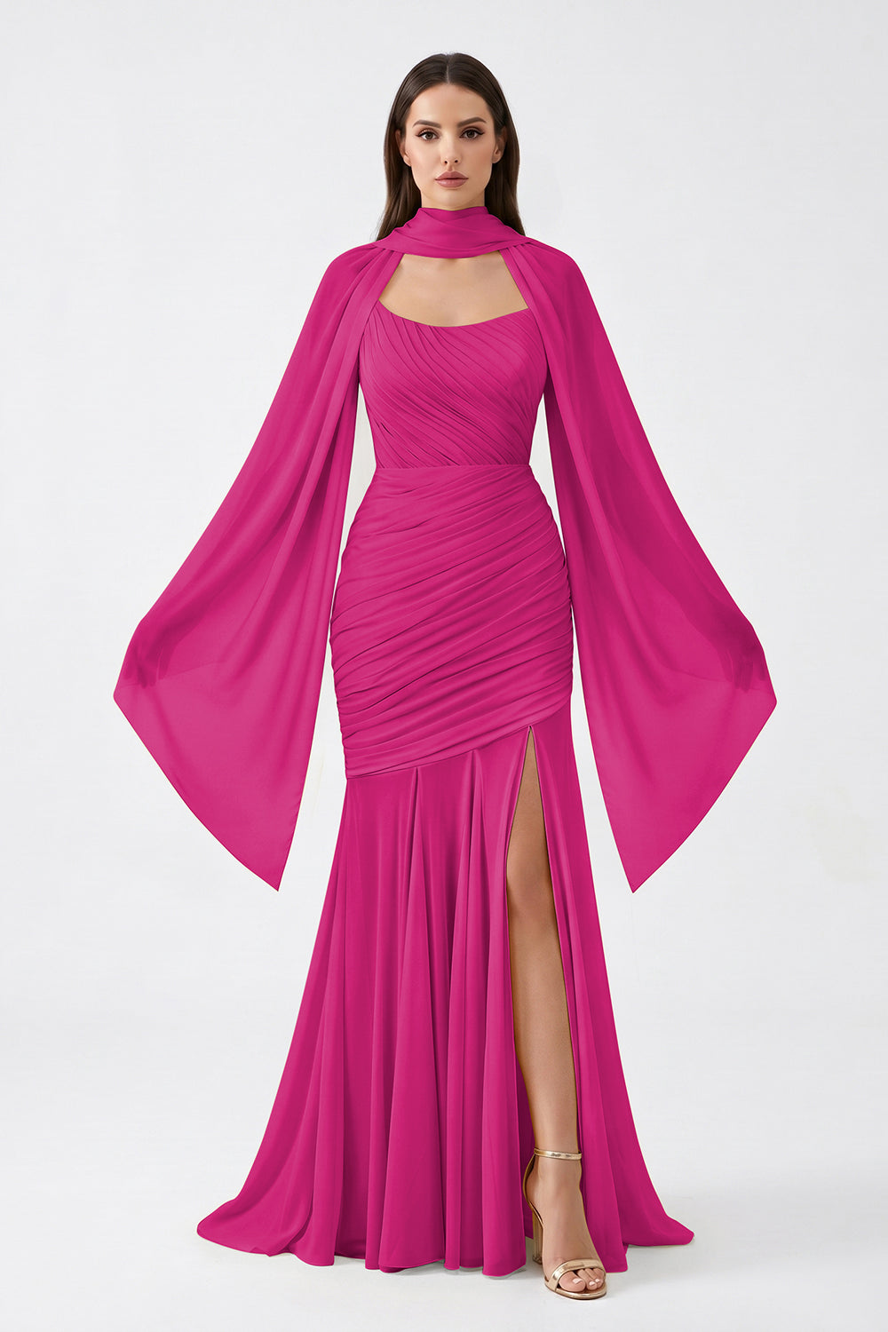 Yellow Cape Sleeve Ruched Chiffon Bridesmaid Dress | Slit Mermaid Formal Gown